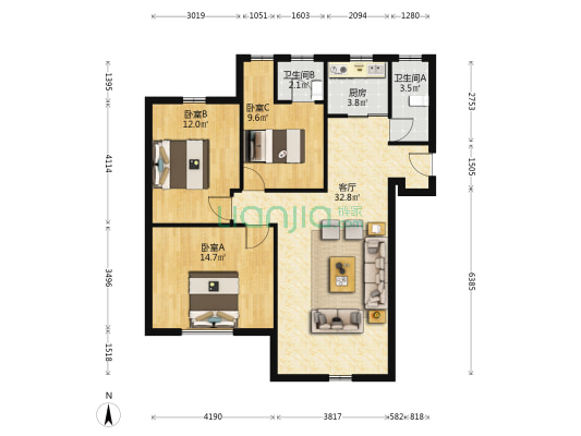 江北40号小区 3室1厅2卫 98平方