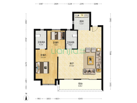 东投汉阳城 2室1厅2卫 106平方