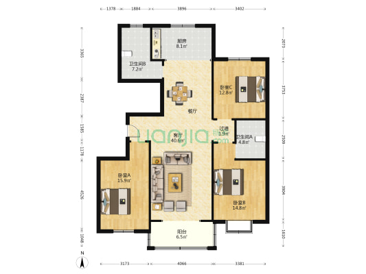 龙园福地 3室1厅2卫 154平方