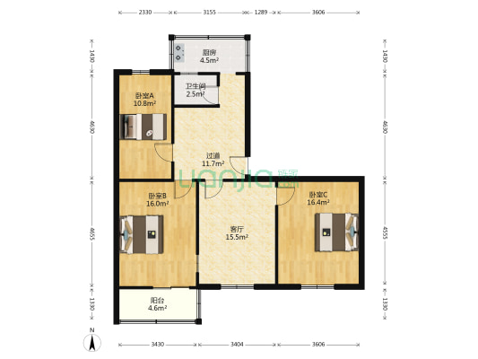 山西省生命与医药科学研究院宿舍 3室1厅1卫 98平方