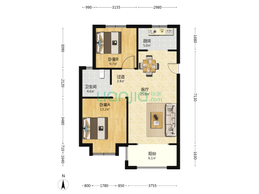 北海幸福苑 2室1厅1卫 98平方