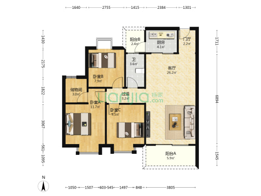 名豪苑 3室1厅1卫 96平方