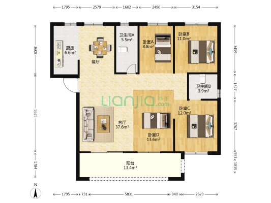 璀璨天悦 4室1厅2卫 140平方