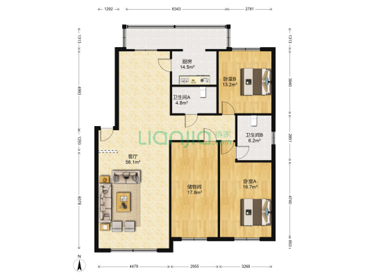 橄榄家园 2室1厅2卫 167平方