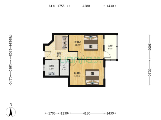 中枢57号 2室1厅1卫 51平方