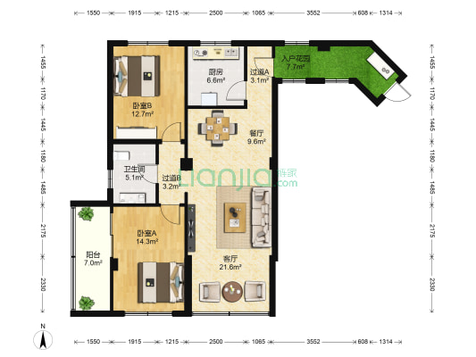 申海花园 2室2厅1卫 90平方
