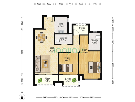 和美嘉苑 2室1厅2卫 89平方