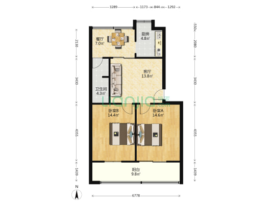 悦心苑小区 2室2厅1卫 77平方
