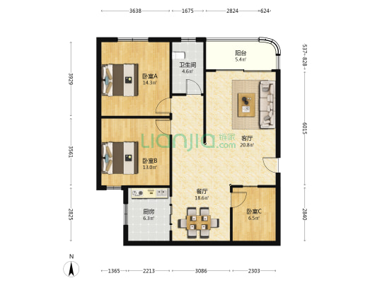 中人集团宿舍 3室2厅1卫 100平方