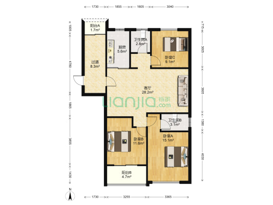 时代•香格里拉 3室1厅2卫 120平方