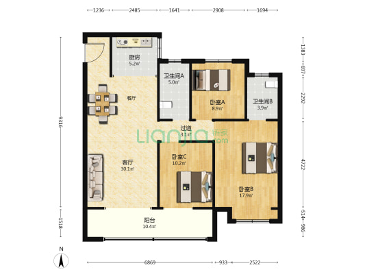 东方印南区 3室1厅2卫 124平方