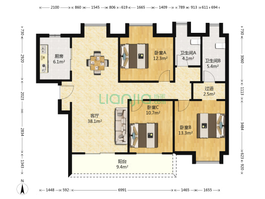 康桥知园 3室1厅2卫 125平方