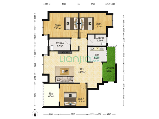 鑫苑丽景 3室1厅2卫 115平方