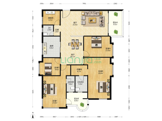 翡翠花园 4室2厅3卫 209平方
