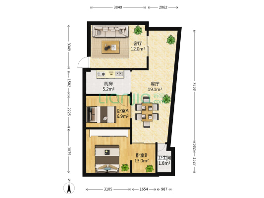 云南省水利水电勘测设计研究院宿舍 2室2厅1卫 43平方