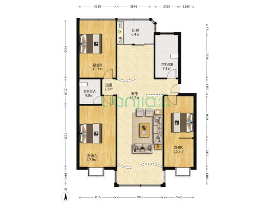 中山东路32号 3室1厅2卫 141平方