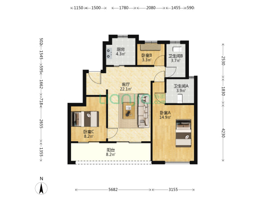 卓越维港 3室1厅2卫 89平方