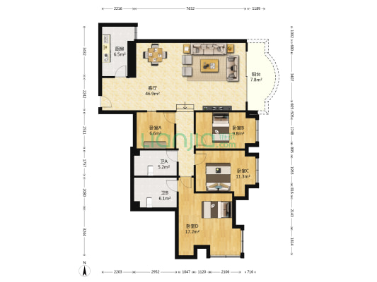 贝迪龙庭AB座 4室1厅2卫 143平方