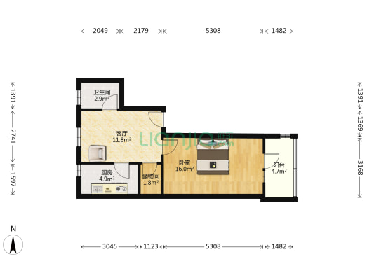 江汉北路68号 1室1厅1卫 52平方