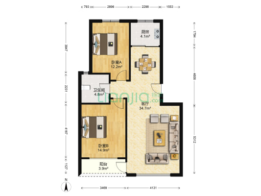 阳光生态城 2室1厅1卫 93平方