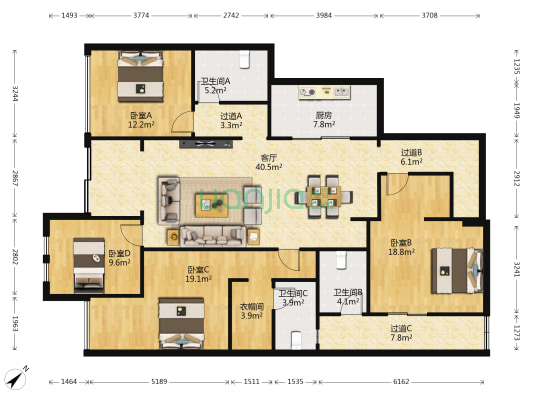 斌鑫湖山郡 4室1厅3卫 159平方