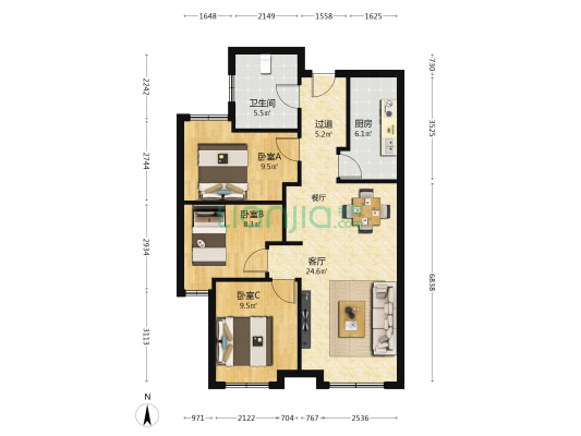 中海铂悦府三期 3室1厅1卫 92平方