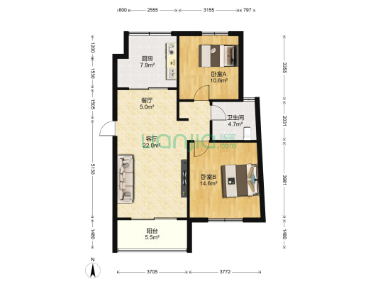 河滨城市花园 2室2厅1卫 91平方