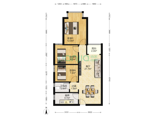 花果园B南区 3室1厅1卫 77平方