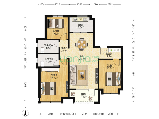 白云山花园 3室1厅2卫 120平方