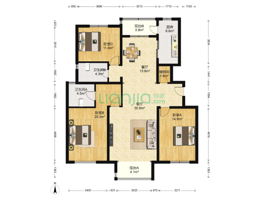 冠城大通百旺府 3室2厅2卫 148平方