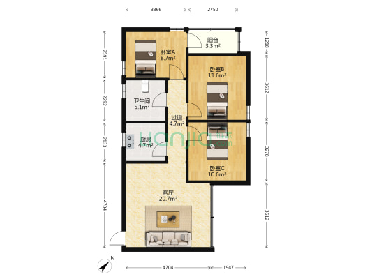 桃园新村 3室1厅1卫 86平方