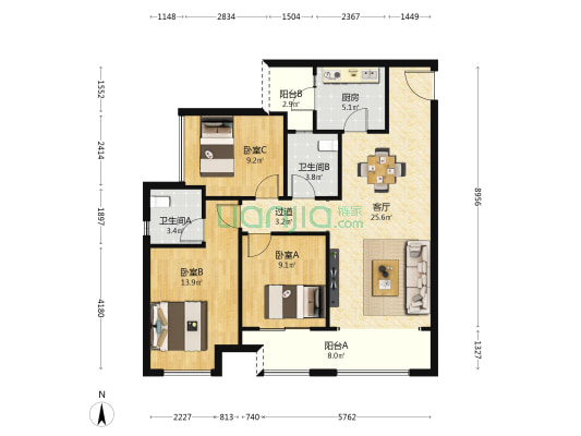 绿地公园里A组团 3室1厅2卫 107平方