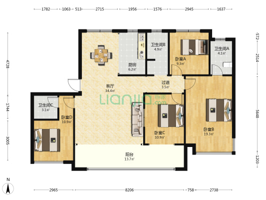 荣科文苑 4室1厅3卫 165平方