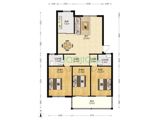 城中花园(东台市) 3室1厅2卫 117平方