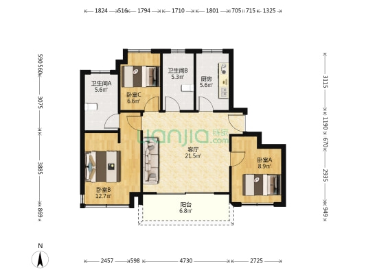 仁恒锦绣世纪 3室1厅2卫 100平方