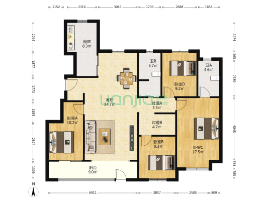 龙湖天璞 4室1厅2卫 77平方