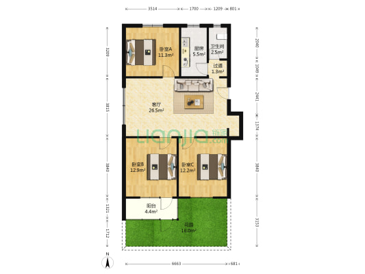 新医路11号 3室1厅1卫 90平方