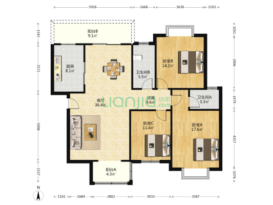 富源公寓 3室1厅2卫 132平方