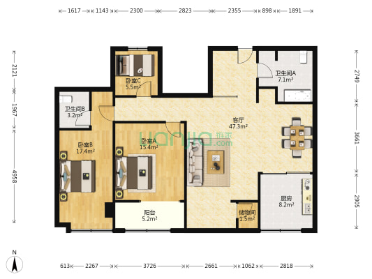 国泰公寓 3室1厅2卫 145平方