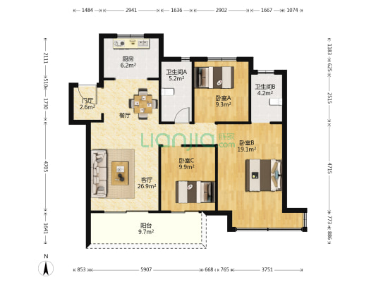 美的公园天下二期 3室1厅2卫 121平方