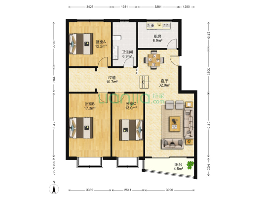 康大海港苑南区 3室1厅1卫 128平方
