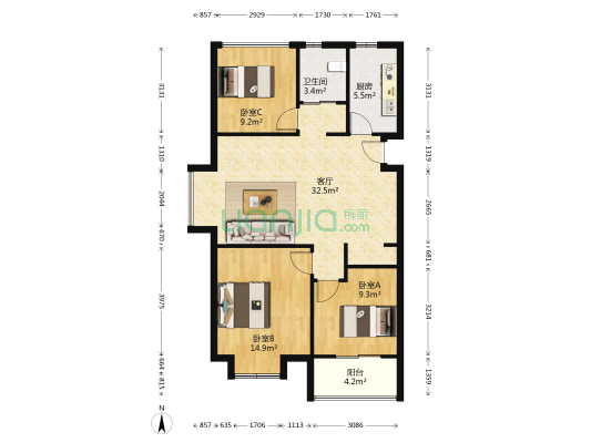 紫元府 3室1厅1卫 105平方