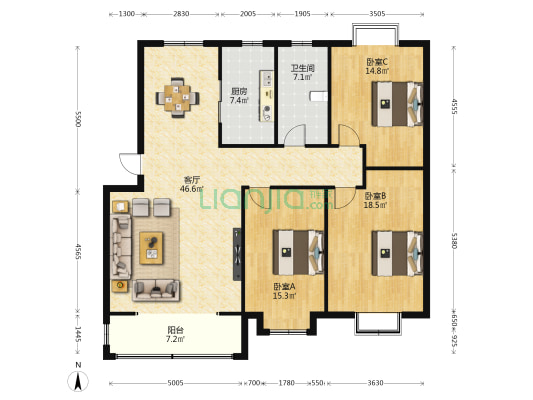 谷邢庄小区东区 3室1厅1卫 138平方