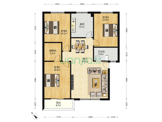 正北中街40号 3室1厅1卫 121平方