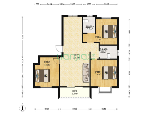 北大资源九锦颐和 3室1厅2卫 128平方