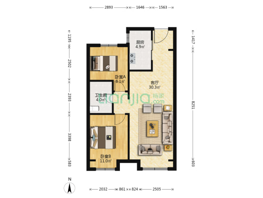 金地城E5区 2室1厅1卫 82平方