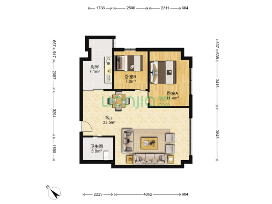 白领尊邸 2室1厅1卫 87平方