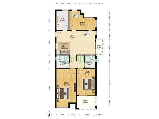金岸提香 3室1厅2卫 113平方