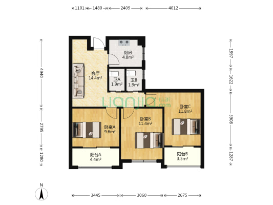 胜稼红星嘉园一区 3室1厅2卫 80平方