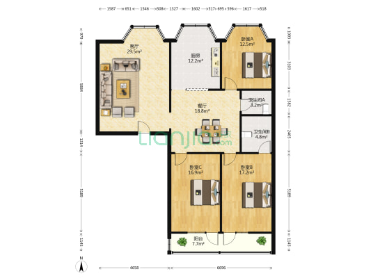 中北大厦 3室2厅2卫 151平方